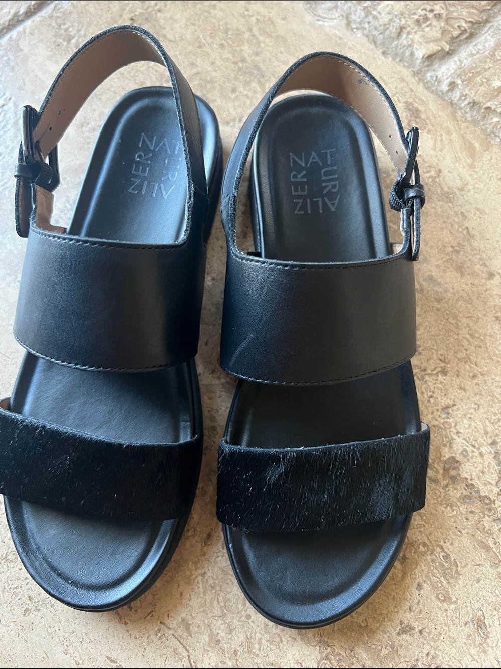 Naturalizer Black Leather Two-Strip Slingback Sandals